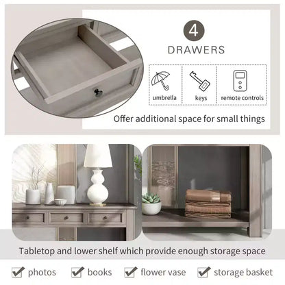 Rectangle Wood Console Table with 4 Storage Drawers and Bottom Shelf, 63"W