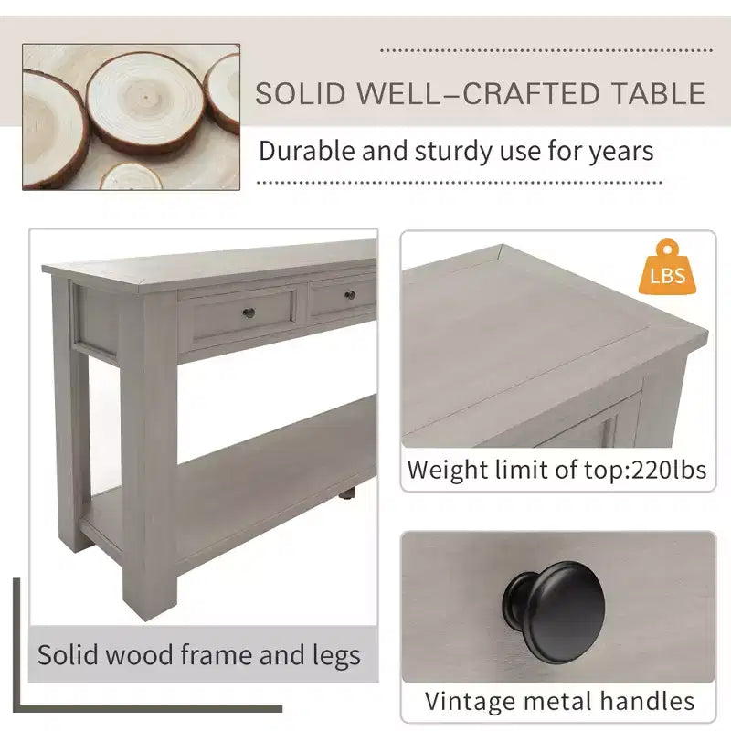 Rectangle Wood Console Table with 4 Storage Drawers and Bottom Shelf, 63"W
