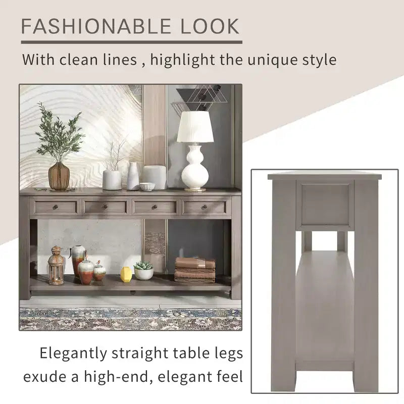 Rectangle Wood Console Table with 4 Storage Drawers and Bottom Shelf, 63"W