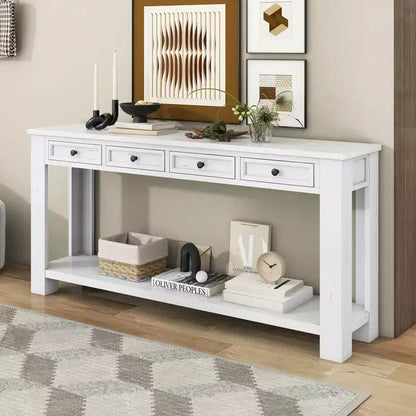 Rectangle Wood Console Table with 4 Storage Drawers and Bottom Shelf, 63"W