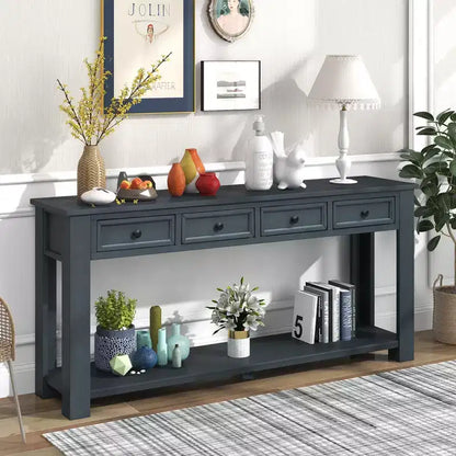 Rectangle Wood Console Table with 4 Storage Drawers and Bottom Shelf, 63"W