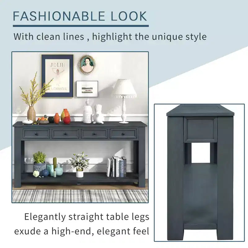 Rectangle Wood Console Table with 4 Storage Drawers and Bottom Shelf, 63"W