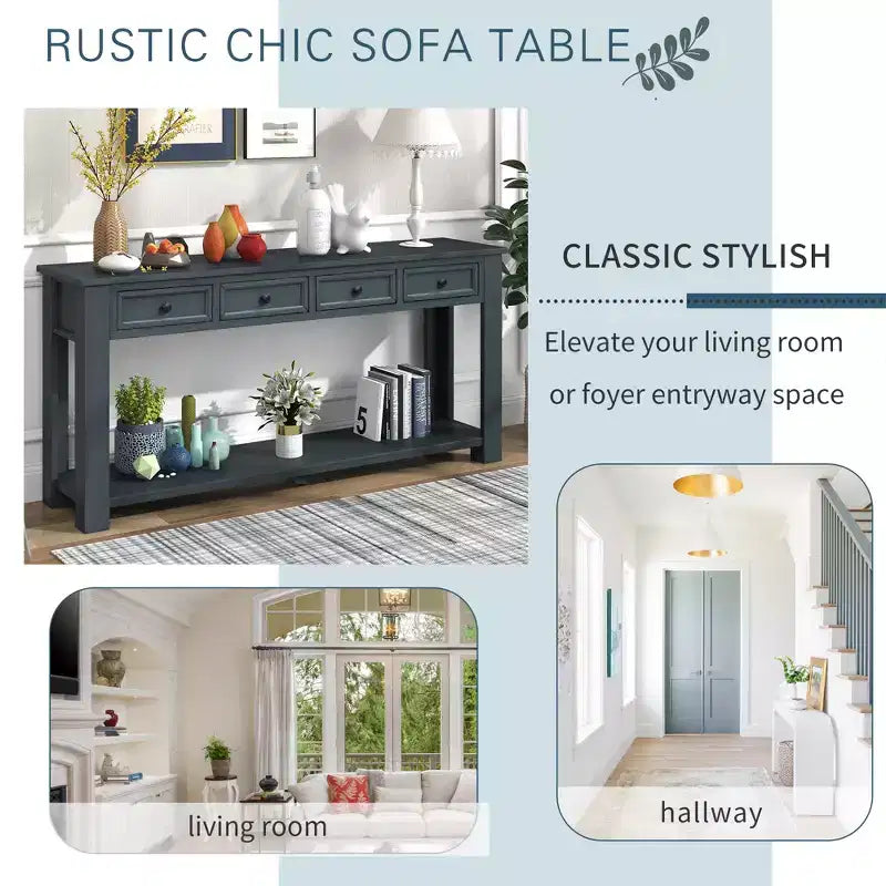 Rectangle Wood Console Table with 4 Storage Drawers and Bottom Shelf, 63"W