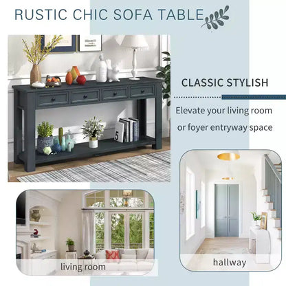 Rectangle Wood Console Table with 4 Storage Drawers and Bottom Shelf, 63"W