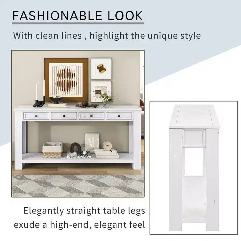 Rectangle Wood Console Table with 4 Storage Drawers and Bottom Shelf, 63"W