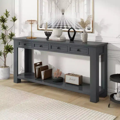 Rectangle Wood Console Table with 4 Storage Drawers and Bottom Shelf, 63"W
