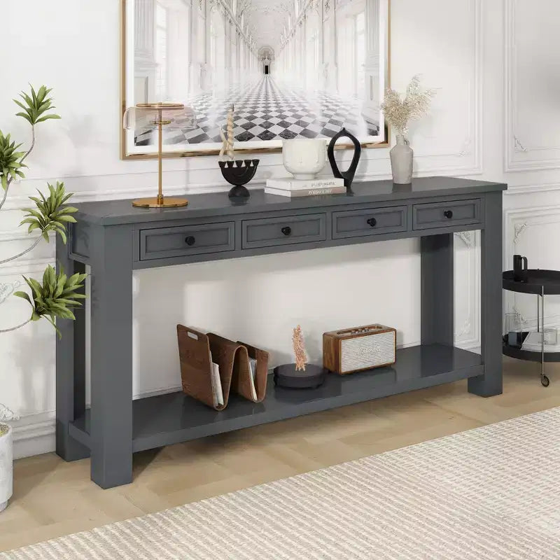 Rectangle Wood Console Table with 4 Storage Drawers and Bottom Shelf, 63"W