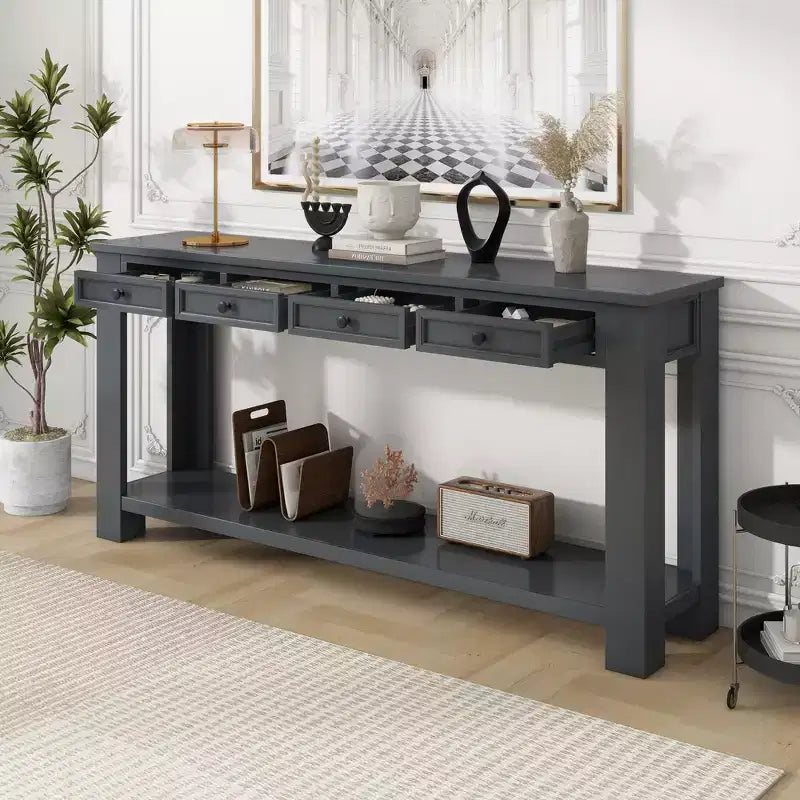 Rectangle Wood Console Table with 4 Storage Drawers and Bottom Shelf, 63"W