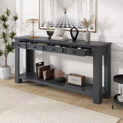 Rectangle Wood Console Table with 4 Storage Drawers and Bottom Shelf, 63"W