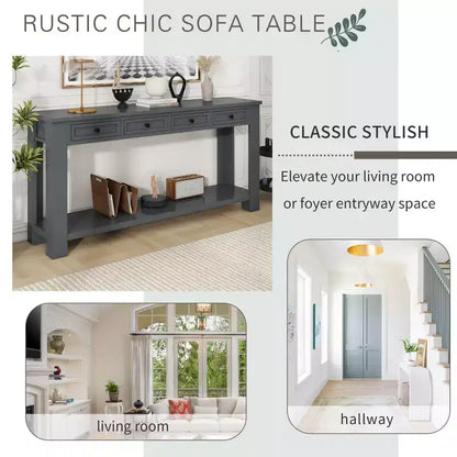 Rectangle Wood Console Table with 4 Storage Drawers and Bottom Shelf, 63"W