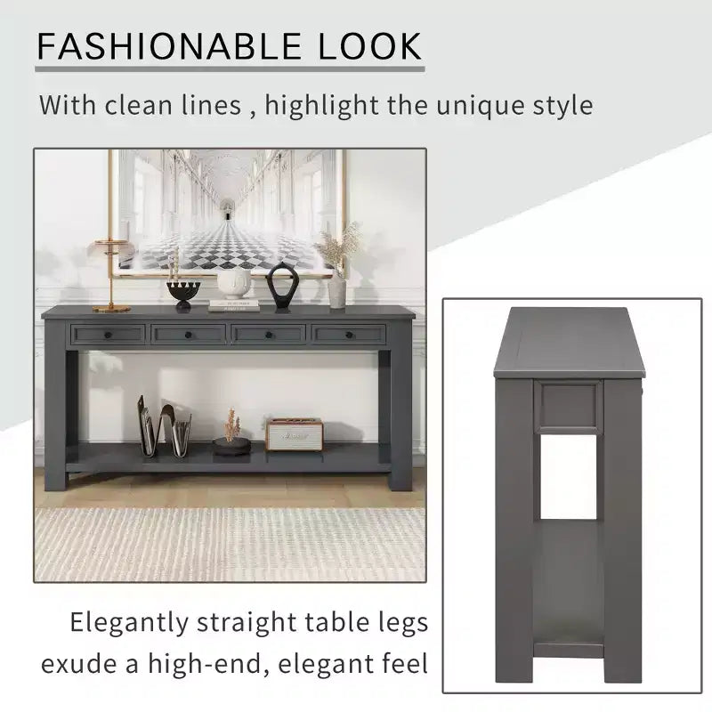 Rectangle Wood Console Table with 4 Storage Drawers and Bottom Shelf, 63"W
