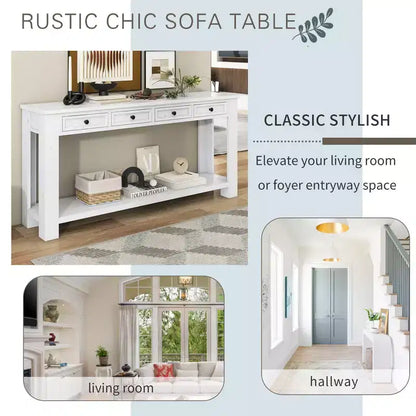 Rectangle Wood Console Table with 4 Storage Drawers and Bottom Shelf, 63"W