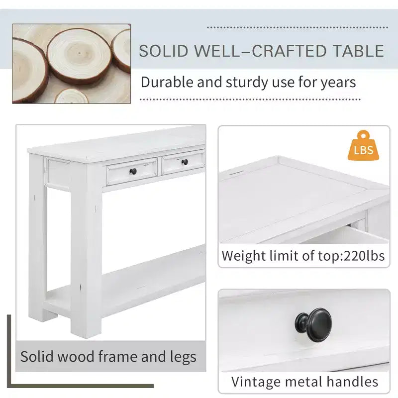 Rectangle Wood Console Table with 4 Storage Drawers and Bottom Shelf, 63"W