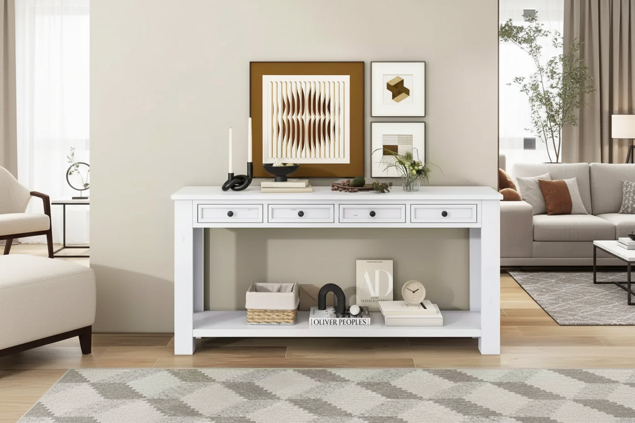 Whisen Rustic Rectangle Wood Console Table with 4-Storage Drawers and Bottom Shelf