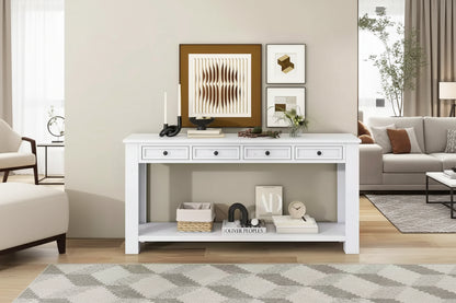 Whisen Rustic Rectangle Wood Console Table with 4-Storage Drawers and Bottom Shelf