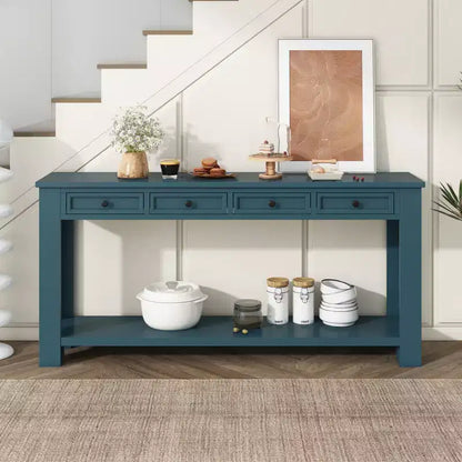 Rectangle Wood Console Table with 4 Storage Drawers and Bottom Shelf, 63"W