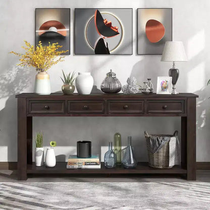 Rectangle Wood Console Table with 4 Storage Drawers and Bottom Shelf, 63"W
