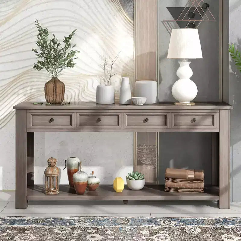 Rectangle Wood Console Table with 4 Storage Drawers and Bottom Shelf, 63"W