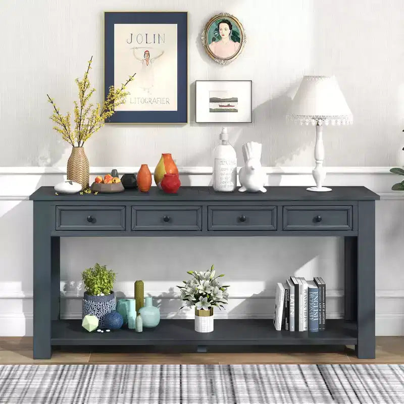 Rectangle Wood Console Table with 4 Storage Drawers and Bottom Shelf, 63"W
