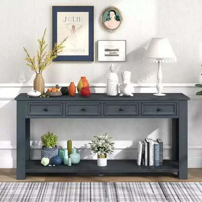 Rectangle Wood Console Table with 4 Storage Drawers and Bottom Shelf, 63"W