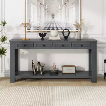 Rectangle Wood Console Table with 4 Storage Drawers and Bottom Shelf, 63"W