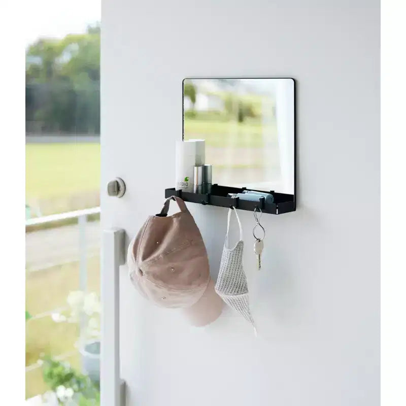 Specchio Magnetico con Ripiano Portaoggetti e Ganci Rimovibili per Porte Metalliche, Cornice in Acciaio