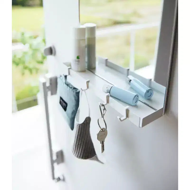 Specchio Magnetico con Ripiano Portaoggetti e Ganci Rimovibili per Porte Metalliche, Cornice in Acciaio