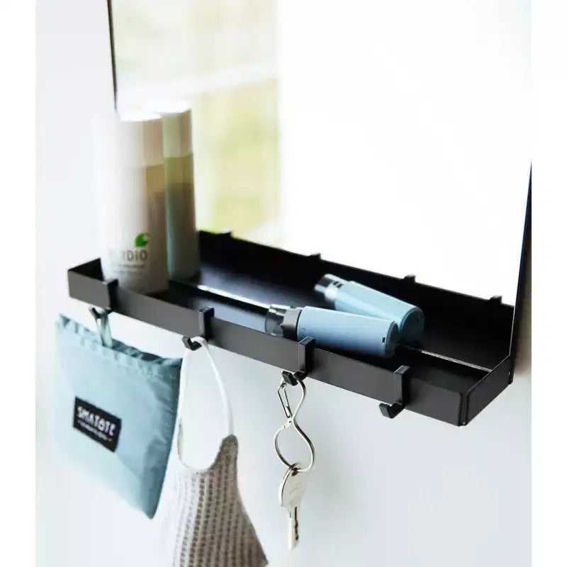 Specchio Magnetico con Ripiano Portaoggetti e Ganci Rimovibili per Porte Metalliche, Cornice in Acciaio