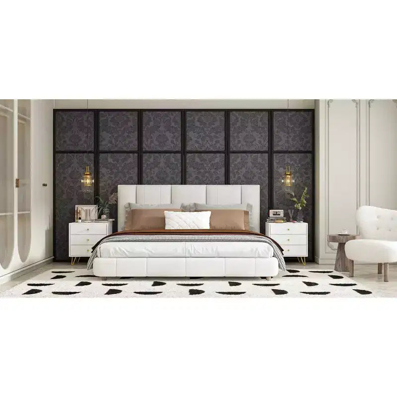 Comodino bianco a 3 cassetti con maniglie in metallo dorato e gambe oblique, 50 cm L