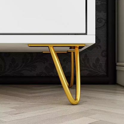 Comodino bianco a 3 cassetti con maniglie in metallo dorato e gambe oblique, 50 cm L