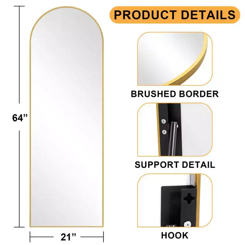 Specchio da terra a figura intera ad arco con cornice in metallo, 96,52 cm L x 180,34 cm H, dorato
