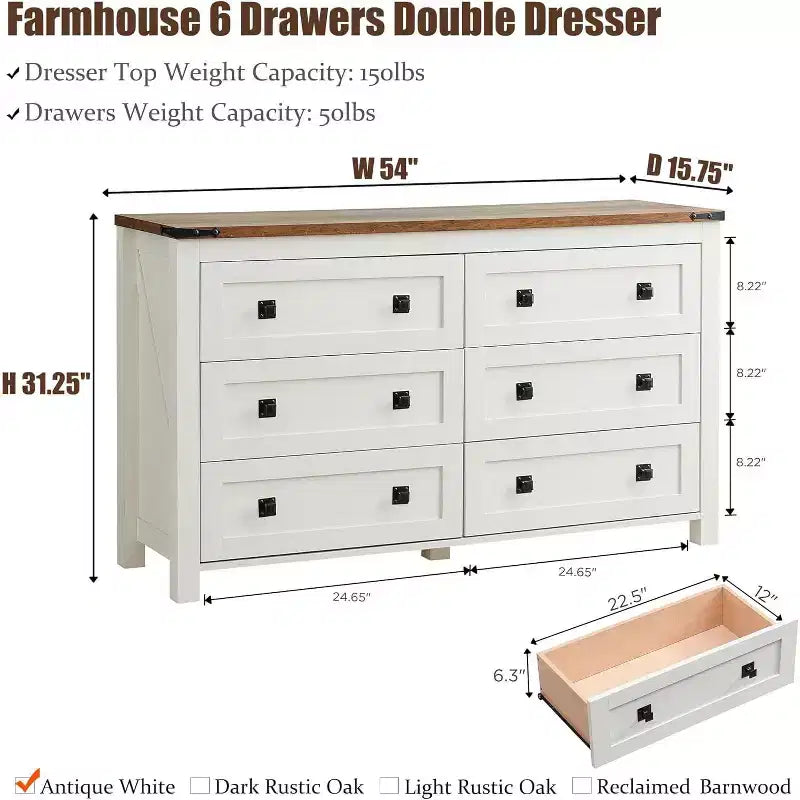 Cassettiera da Fattoria a 6 Cassetti, Comò Ampio Rustico in Legno da 54 Pollici, Organizer per Cassettiere Contenitore per Camera da Letto, Soggiorno, Corridoio, Bianco