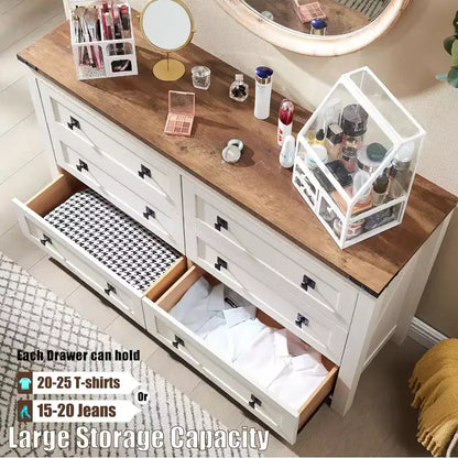 Cassettiera da Fattoria a 6 Cassetti, Comò Ampio Rustico in Legno da 54 Pollici, Organizer per Cassettiere Contenitore per Camera da Letto, Soggiorno, Corridoio, Bianco