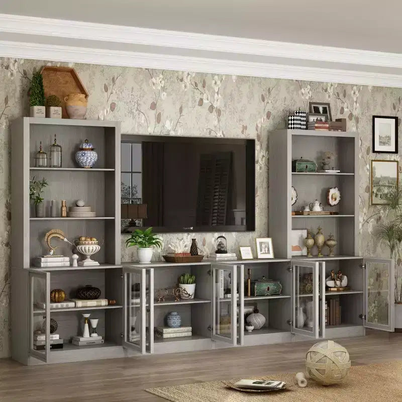 Mobile TV modulare grigio con vetrina in vetro temperato, 126"L x 70.9"H