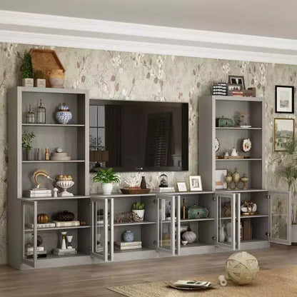 Mobile TV modulare grigio con vetrina in vetro temperato, 126"L x 70.9"H