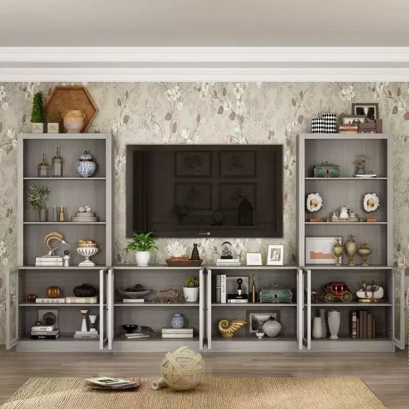 Mobile TV modulare grigio con vetrina in vetro temperato, 126"L x 70.9"H