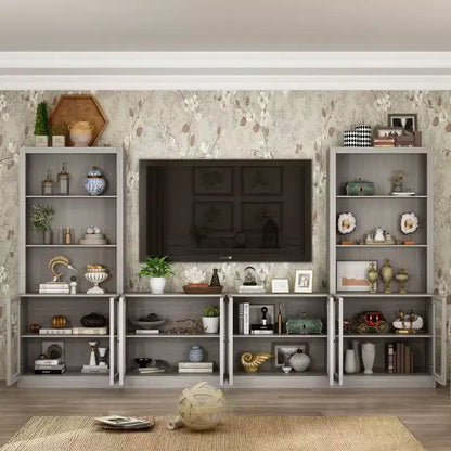 Mobile TV modulare grigio con vetrina in vetro temperato, 126"L x 70.9"H