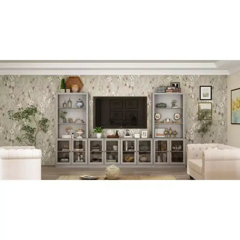 Mobile TV modulare grigio con vetrina in vetro temperato, 126"L x 70.9"H