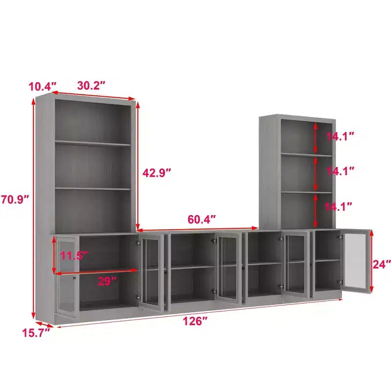 Mobile TV modulare grigio con vetrina in vetro temperato, 126"L x 70.9"H