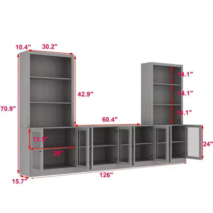 Mobile TV modulare grigio con vetrina in vetro temperato, 126"L x 70.9"H