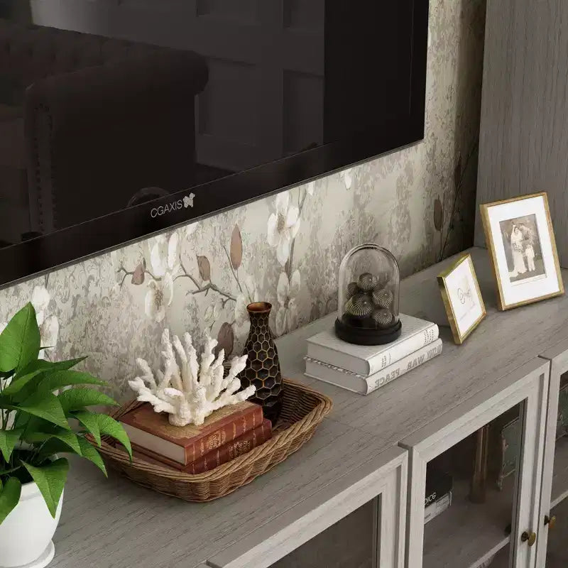 Mobile TV modulare grigio con vetrina in vetro temperato, 126"L x 70.9"H