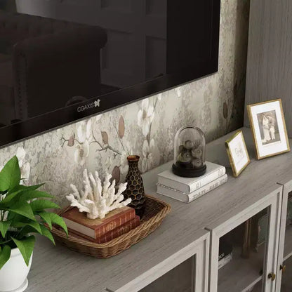Mobile TV modulare grigio con vetrina in vetro temperato, 126"L x 70.9"H
