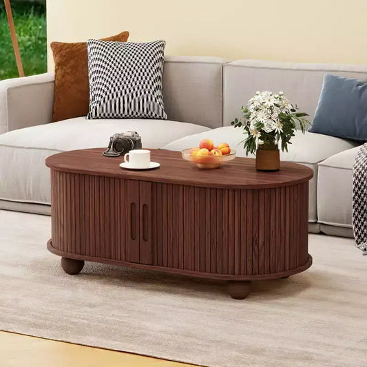 GDFStudio Laura Rustic Wooden Storage Coffee Table with Strip Sliding Door