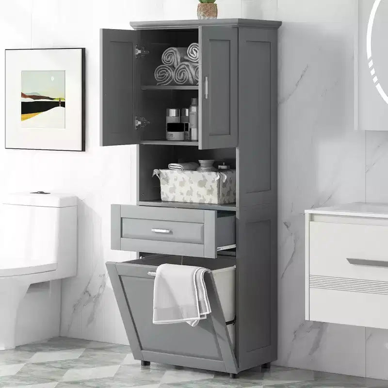 Mobile colonna da bagno alto Nolan Modern Wood con cesto portabiancheria a scomparsa, doppia anta e cassetto