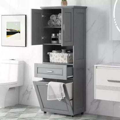 Mobile colonna da bagno alto Nolan Modern Wood con cesto portabiancheria a scomparsa, doppia anta e cassetto