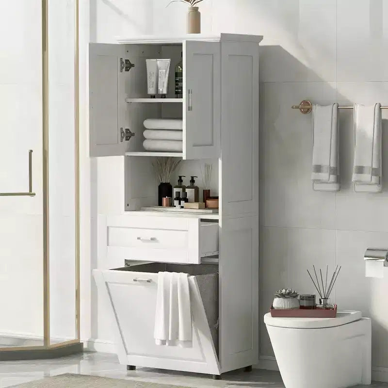 Mobile colonna da bagno alto Nolan Modern Wood con cesto portabiancheria a scomparsa, doppia anta e cassetto
