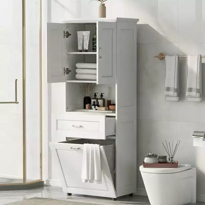 Mobile colonna da bagno alto Nolan Modern Wood con cesto portabiancheria a scomparsa, doppia anta e cassetto