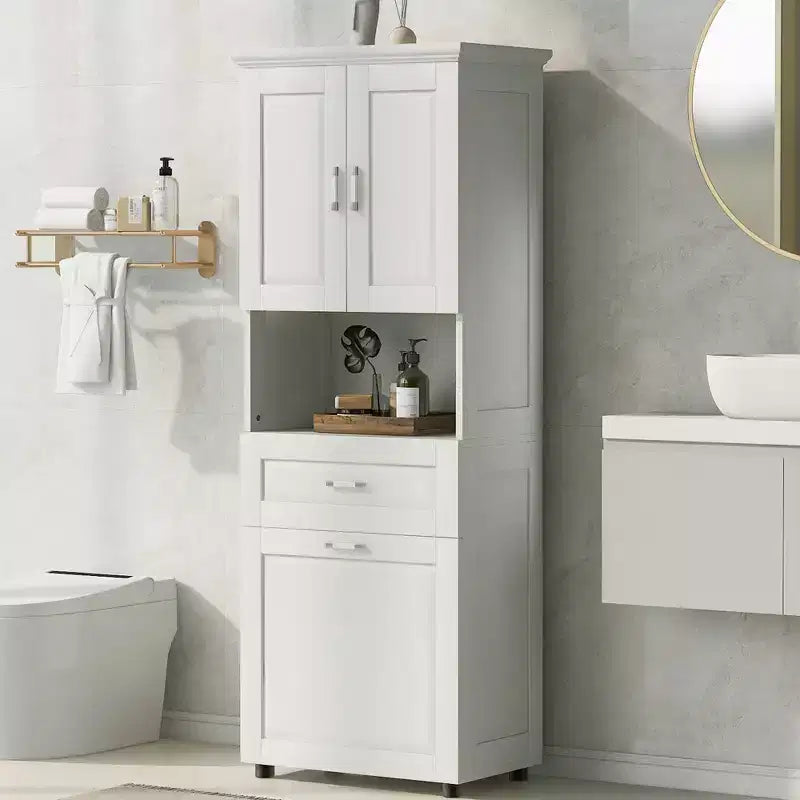 Mobile colonna da bagno alto Nolan Modern Wood con cesto portabiancheria a scomparsa, doppia anta e cassetto