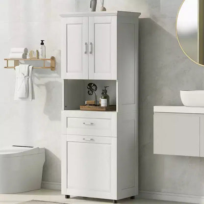 Mobile colonna da bagno alto Nolan Modern Wood con cesto portabiancheria a scomparsa, doppia anta e cassetto