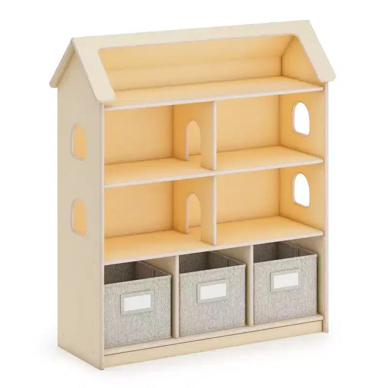 Libreria a Casetta per Bambole, Mobili in Legno per il Gioco di Imitazione dei Bambini con Contenitori per Giocattoli e Bambole